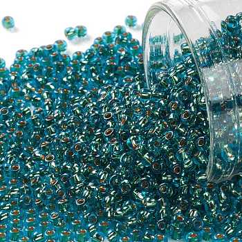 TOHO Round Seed Beads, Japanese Seed Beads, (756) 24K Gold Lined Aquamarine, 11/0, 2.2mm, Hole: 0.8mm, about 50000pcs/pound