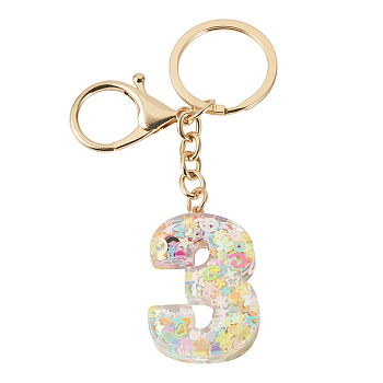 Number 3 Transparent Resin Keychains, with Alloy Lobster Claw Clasps and Split Key Rings, Golden, 110x30mm