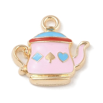 Alloy Enamel Pendants, Light Gold, Teapot Charm, Pink, 17x17.5x3mm, Hole: 1.8mm