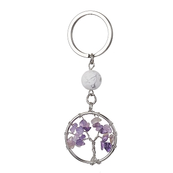 Natural Amethyst & Howlite  Chips Flat Round with Tree of Life Kcychain, with 304 Stainless Steel Findings, 8cm