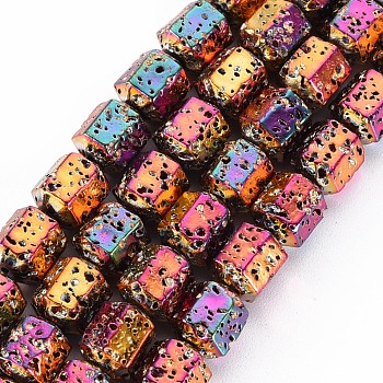 Electroplated Natural Lava Rock Beads Strands, Hexagon, Bumpy, Colorful, 8x7x6.5mm, Hole: 1.2mm, about 50pcs/strand, 15.55 inch(39.5cm)