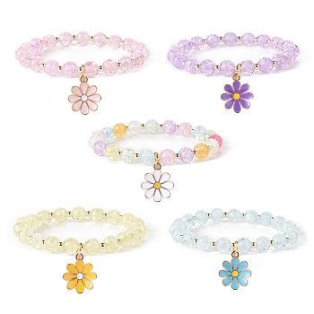 Alloy Enamel Flower Charm Bracelets, Transparent Crackle Acrylic Stretch Bracelets for Women, Mixed Color, Inner Diameter: 2-1/4 inch(5.6cm)