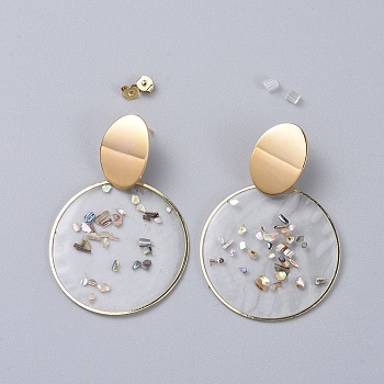 Epoxy Resin Dangle Earrings, with Brass Ear Stud Findings and Ear Nuts, Flat Round, Real 18K Gold Plated, Clear, 59mm, Pin: 0.7mm