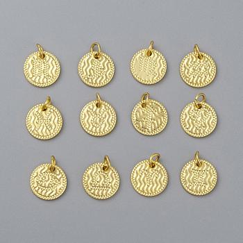Brass Pendants, Constellation/Zodiac Sign, Real 18K Gold Plated, Flat Round, Random Mixed Constellations, 12x1.5mm, Hole: 5.5mm