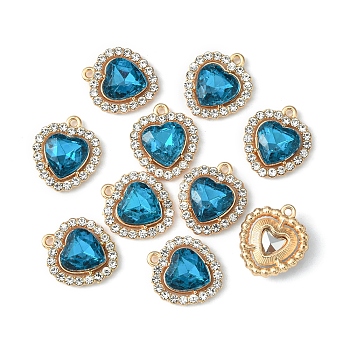 Alloy Rhinestone Charms, Heart, Light Gold, Blue Zircon, 18x16x5mm, Hole: 1.4mm