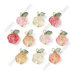 Glass & Acrylic Pendants, Rose Charm, with Brass Loop, Golden, Mixed Color, 18.5x15x7.5mm, Hole: 2.2mm(PALLOY-AL0046)