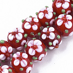 Handmade Lampwork Beads Strands, Flower, FireBrick, 11~12x11~12x10mm, Hole: 1.5mm, about 45pcs/strand, 17.72 inch(45cm)(LAMP-N021-001E)