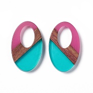 Transparent Resin & Walnut Wood Pendants, Oval Charms, Turquoise, 35.5x22x3.5mm, Hole: 16X10mm(RESI-M027-02H)