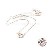 925 Sterling Silver Rabbit with Heart Pendant Necklace with Clear Cubic Zirconia for Women, Rose Gold, 16.10 inch(40.9cm)(NJEW-E034-02RG)