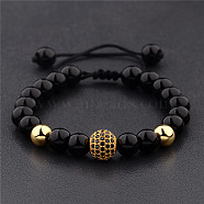 Round Natural Black Onyx(Dyed & Heated) & Brass Pave Cubic Zirconia Braided Bead Bracelets for Women Men, Golden(QX9034-1)