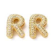 Rack Plating Brass Micro Pave Cubic Zirconia Slide Charms, Long-Lasting Plated, Lead Free & Cadmium Free, Real 18K Gold Plated, Letter, Letter R, 14x10.5x5mm, Hole: 10.5x1.7mm(KK-C084-34G-R)