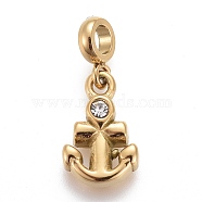 Ion Plating(IP) 304 Stainless Steel Pendants, with Rhinestone and Tube Bails, Anchor, Crystal, Golden, 16mm, Pendant: 10.6x7x2.5mm, Hole: 2.5mm(STAS-F259-043G)