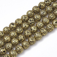 Electroplated Natural Lava Rock Beads Strands, Round, Bumpy, Dark Goldenrod, 10~10.5mm, Hole: 1.2mm, about 37~40pcs/strand, 14.9~15.1 inch(38~38.5cm)(G-T098-01B-08)