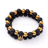 Natural Lava Rock & Non-magnetic Synthetic Hematite Round Beads Energy Power Stretch Bracelets Sett, Crown Brass Cubic Zirconia Beads Bracelet for Girl Women, Golden, Inner Diameter: 2-1/8 inch(5.5cm), 2pcs/set(BJEW-JB07051-01)