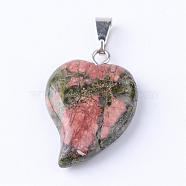 Natural Unakite Pendants with Brass Findings, Heart, 21~23x14~15x5~6mm, Hole: 2x6mm(G-R390-08)