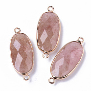 Natural Strawberry Quartz Links Connectors, with Light Gold Plated Edge Brass Loops, Oval, Faceted, 27x11x5.5mm, Hole: 2mm(G-R472-03A)