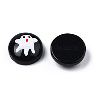 Halloween Opaque Resin Enamel Cabochons, Half Round with White Ghost, Black, 14x5.5mm(CRES-N031-012)