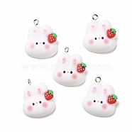 Resin Pendants, with Platinum Iron Findings, Cute, Rabbit with Strawberry, White, 23.5x20.5x7.5mm, Hole: 2mm(RESI-M026-09)