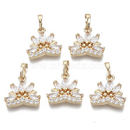 Brass Micro Cubic Zirconia Charms, with Snap on Bails, Lotus Flower, Light Gold, Clear, 15x15x4mm, Hole: 6x4mm(KK-N235-031A)