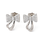 Brass Rhinestone Stud Earrings with Glass, Bowknot, Platinum, 17x13mm(EJEW-Z021-25P)