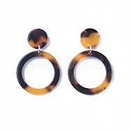 Cellulose Acetate(Resin) Dangle Stud Earrings, with 304 Stainless Steel Findings and Plastic Ear Nuts, Ring, Sandy Brown, 32mm, Pin: 0.7mm(X-EJEW-JE03096-02)