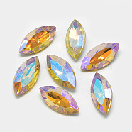 Pointed Back Glass Rhinestone Cabochons, Back Plated, Faceted, AB Color Plated, Horse Eye, Gold, 15x7x4mm(RGLA-T020-7x15mm-08)