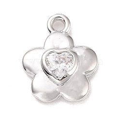 Eco-friendly Brass Micro Pave Clear Cubic Zirconia Pendants, Cadmium Free & Lead Free, Long-Lasting Plated, Flower with Heart, Platinum, 10x8x2.5mm, Hole: 1.2mm(KK-D079-03P)