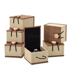 Rectangle Wooden Ring Boxes, with Burlap and Velvet, Camel, 7x6x5.2cm(OBOX-N013-02)