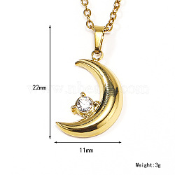 Retro Stainless Steel Clear Cubic Zirconia Moon Pendant Cable Chain Necklaces for Women, Golden(MU9051-1)