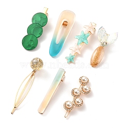 Imitation Pearl Iron Alligator Hair Clips Sets, with Acrylic and Resin, Mixed Shapes, Sea Green, 53~76x8~26x12~18mm, 7pcs/set(PHAR-P005-08)