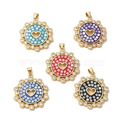 Brass Micro Pave Cubic Zirconia Pendants, with Enamel & Shell, Long-Lasting Plated, Lead Free & Cadmium Free, Real 18K Gold Plated, Heart with Round Tartan, Mixed Color, 29x25x3mm, Hole: 4x5mm(KK-K385-075G)