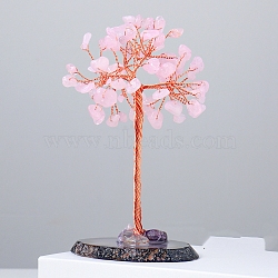 Natural Rose Quartz Chips Tree of Life Decorations, Natural Agate Slices Base with Copper Wire Feng Shui Energy Stone Gift for Women Men Meditation, 110~20mm(DJEW-PW0012-044B)
