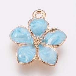 Zinc Alloy Enamel Pendants, Flower, Golden, Light Sky Blue, 16.5x14.5x2.5~3mm, Hole: 1.5mm(X-PALLOY-I124-10G-E)