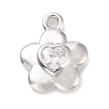 Eco-friendly Brass Micro Pave Clear Cubic Zirconia Pendants, Cadmium Free & Lead Free, Long-Lasting Plated, Flower with Heart, Platinum, 10x8x2.5mm, Hole: 1.2mm