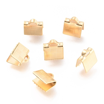 304 Stainless Steel Ribbon Crimp Ends, Golden, 7x7x4.5mm, Hole: 2x1mm