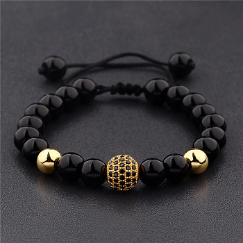 Round Natural Black Onyx(Dyed & Heated) & Brass Pave Cubic Zirconia Braided Bead Bracelets for Women Men, Golden