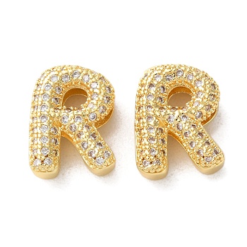 Rack Plating Brass Micro Pave Cubic Zirconia Slide Charms, Long-Lasting Plated, Lead Free & Cadmium Free, Real 18K Gold Plated, Letter, Letter R, 14x10.5x5mm, Hole: 10.5x1.7mm