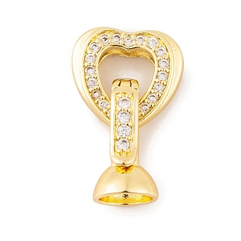 Rack Plating Brass Micro Pave Clear Cubic Zirconia Fold Over Clasps, Long-Lasting Plated, Lead Free & Cadmium Free, Heart, Real 18K Gold Plated, 21.7mm, Heart: 12x13x4mm, Clasp: 14.5x7.5mm