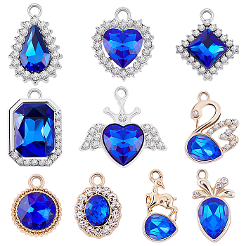 40Pcs 10 Style UV Plating Alloy Pendants, with Crystal Rhinestone and Glass, Swan & Sheep & Teardrop & Heart & Rhombus Charms, Blue, 17.5~22x10~22.5x4~6mm, Hole: 1.5~2mm, 4Pcs/style