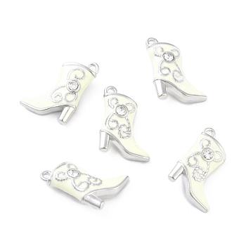 Alloy Enamel Pendants, Cadmium Free & Lead Free, with Rhinestones, Platinum Color, Boot, White, about 16mm wide, 21mm long, hole: 1mm