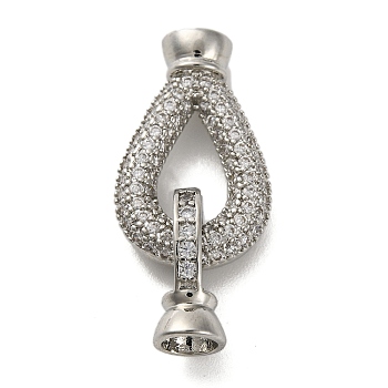 Brass Micro Pave Clear Cubic Zirconia Fold Over Clasps, Lead Free & Cadmium Free, Teardrop, Platinum, 25.5mm