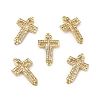 Brass Micro Pave Clear Cubic Zirconia Connector Charms, Religion Cross Links, Real 18K Gold Plated, 22.5x13.5x2.5mm, Hole: 1.5mm