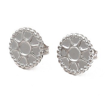 304 Stainless Steel Stud Earring Cabochon Settings, Flat Round with Sun, Stainless Steel Color, Tray: 4mm, 14mm, Pin: 0.8mm
