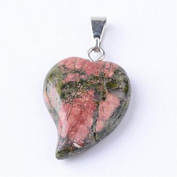 Natural Unakite Pendants with Brass Findings, Heart, 21~23x14~15x5~6mm, Hole: 2x6mm