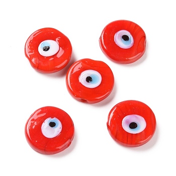 Handmade Evil Eye Lampwork Beads, Flat Round, Red, 17~17.5x4mm, Hole: 1.2mm
