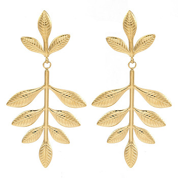 304 Stainless Steel Leaf Theme Stud Earrings For Women, Real 18K Gold Plated, 62x31.5mm