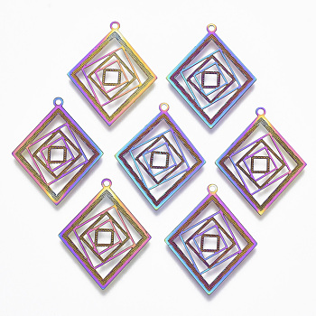 Ion Plating(IP) 304 Stainless Steel Filigree Pendants, Etched Metal Embellishments, Rhombus, Rainbow Color, 28.5x22.5x0.4mm, Hole: 1.2mm