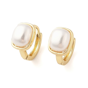 Brass Rectangle Hoop Earrings for Women, with ABS Imitation Pearls, Real 18K Gold Plated, 17.5x13mm