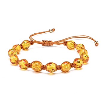 Round Resin Imitation Amber Braided Bead Bracelet for Girl Women, Gold, Inner Diameter: 2-1/8~3-1/2 inch(5.3~9cm)