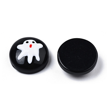 Halloween Opaque Resin Enamel Cabochons, Half Round with White Ghost, Black, 14x5.5mm